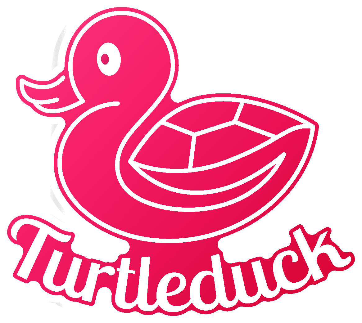 Logo of Turtleduck Media. A fusion of a turtle and a duck, a duck body in the shell of a turtle. The colors are a pink and white. The logo has a cute, playful and likeable vibe.